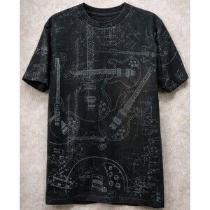 Vtg Guitar Schematic Black AOP Blueprint Graphic Rock Music Tee T Shirt Men XL
